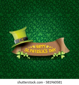vector happy saint patrick's day label or poster with green hat, lucky clovers and vintage ribbon isolated on green pattern background. vector saint patriks day banner or greeting card