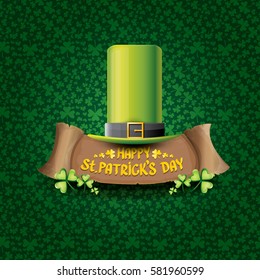 vector happy saint patrick's day label or poster with green hat, lucky clovers and vintage ribbon isolated on green pattern background. vector saint patriks day banner or greeting card