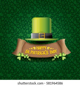vector happy saint patrick's day label or poster with green hat, lucky clovers and vintage ribbon isolated on green pattern background. vector saint patriks day banner or greeting card