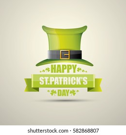 vector happy saint patrick's day label or poster with green hat, lucky clovers and vintage ribbon isolated on background. vector vintage leprechaun green glossy hat icon