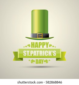 vector happy saint patrick's day label or poster with green hat, lucky clovers and vintage ribbon isolated on background. vector vintage leprechaun green glossy hat icon
