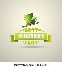 vector happy saint patrick's day label or poster with green hat, lucky clovers and vintage ribbon isolated on background. vector vintage leprechaun green glossy hat icon