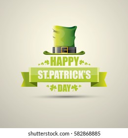 vector happy saint patrick's day label or poster with green hat, lucky clovers and vintage ribbon isolated on background. vector vintage leprechaun green glossy hat icon