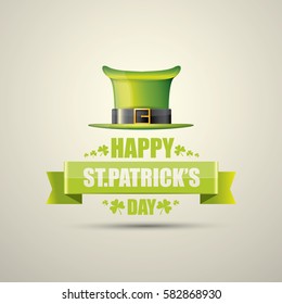 vector happy saint patrick's day label or poster with green hat, lucky clovers and vintage ribbon isolated on background. vector vintage leprechaun green glossy hat icon