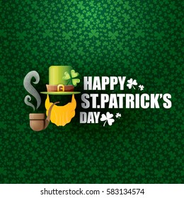 vector happy saint patricks day label with leprechaun, green hat, red beard and smoking pipe on green pattern background. saint patrick day poster or banner design template