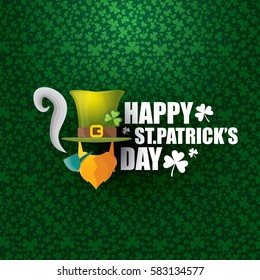 vector happy saint patricks day label with leprechaun, green hat, red beard and smoking pipe on green pattern background. saint patrick day poster or banner design template
