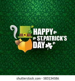 vector happy saint patricks day label with leprechaun, green hat, red beard and smoking pipe on green pattern background. saint patrick day poster or banner design template