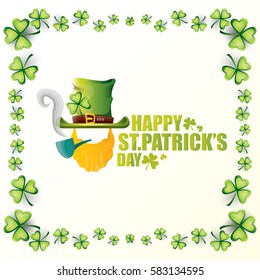 vector happy saint patricks day label with leprechaun, green hat, red beard and smoking pipe isolated on white background. saint patrick day poster or banner design template