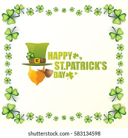 vector happy saint patricks day label with leprechaun, green hat, red beard and smoking pipe isolated on white background. saint patrick day poster or banner design template