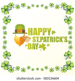 vector happy saint patricks day label with leprechaun, green hat, red beard and smoking pipe isolated on white background. saint patrick day poster or banner design template