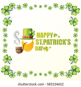 vector happy saint patricks day label with leprechaun, green hat, red beard and smoking pipe isolated on white background. saint patrick day poster or banner design template