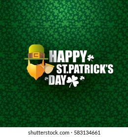 vector happy saint patricks day label with leprechaun, green hat, red beard and smoking pipe on green pattern background. saint patrick day poster or banner design template