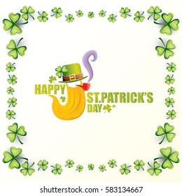 vector happy saint patricks day label with leprechaun, green hat, red beard and smoking pipe isolated on white background. saint patrick day poster or banner design template