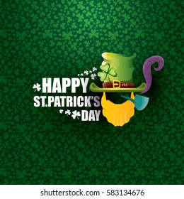 vector happy saint patricks day label with leprechaun, green hat, red beard and smoking pipe on green pattern background. saint patrick day poster or banner design template