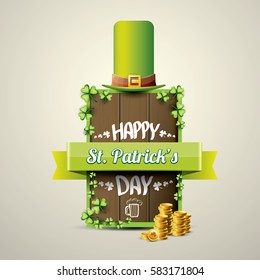 vector happy saint patrick's day label or poster with green hat, lucky clovers, golden coins and vintage wooden square board isolated on background. vector saint patrick's day banner