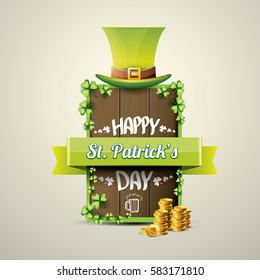 vector happy saint patrick's day label or poster with green hat, lucky clovers, golden coins and vintage wooden square board isolated on background. vector saint patrick's day banner