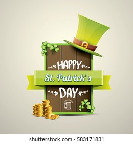 vector happy saint patrick's day label or poster with green hat, lucky clovers, golden coins and vintage wooden square board isolated on background. vector saint patrick's day banner
