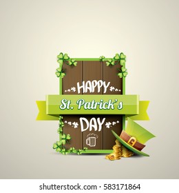 vector happy saint patrick's day label or poster with green hat, lucky clovers, golden coins and vintage wooden square board isolated on background. vector saint patrick's day banner