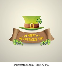 vector happy saint patrick's day label or poster with green hat, lucky clovers and vintage ribbon isolated on background. vector saint patriks day banner or greeting card