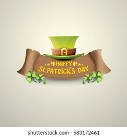 vector happy saint patrick's day label or poster with green hat, lucky clovers and vintage ribbon isolated on background. vector saint patriks day banner or greeting card