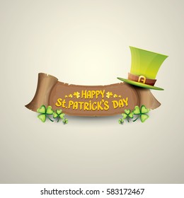 vector happy saint patrick's day label or poster with green hat, lucky clovers and vintage ribbon isolated on background. vector saint patriks day banner or greeting card