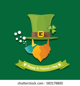 vector happy saint patricks day flat label with leprechaun, green hat, red beard and smoking pipe isolated on green background. saint patrick day poster or banner design template