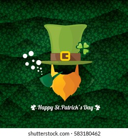 vector happy saint patricks day label with leprechaun, green hat, red beard and smoking pipe  on green pattern background. saint patrick day poster or banner design template