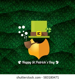 vector happy saint patricks day label with leprechaun, green hat, red beard and smoking pipe  on green pattern background. saint patrick day poster or banner design template