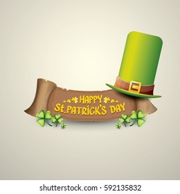 vector happy saint patrick's day label or poster with green hat, lucky clovers and vintage ribbon isolated on background. vector saint patriks day banner or greeting card