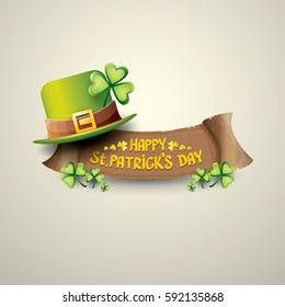 vector happy saint patrick's day label or poster with green hat, lucky clovers and vintage ribbon isolated on background. vector saint patriks day banner or greeting card
