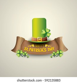vector happy saint patrick's day label or poster with green hat, lucky clovers and vintage ribbon isolated on background. vector saint patriks day banner or greeting card