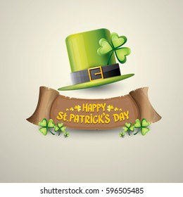 vector happy saint patrick's day label or poster with green hat, lucky clovers and vintage ribbon isolated on background. vector saint patricks day banner or greeting card