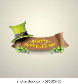vector happy saint patrick's day label or poster with green hat, lucky clovers and vintage ribbon isolated on background. vector saint patricks day banner or greeting card
