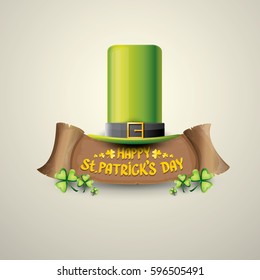 vector happy saint patrick's day label or poster with green hat, lucky clovers and vintage ribbon isolated on background. vector saint patricks day banner or greeting card