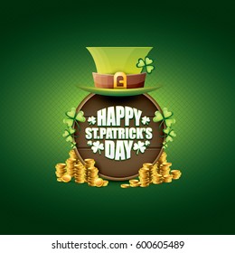vector happy saint patrick's day label or poster with green hat, lucky clovers, golden coins and vintage wooden sign isolated on green background. vector saint patrick's day banner or greeting card