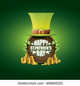 vector happy saint patrick's day label or poster with green hat, lucky clovers, golden coins and vintage wooden sign isolated on green background. vector saint patrick's day banner or greeting card