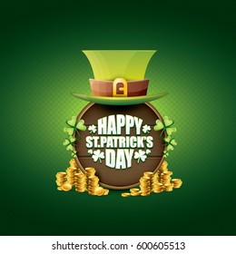 vector happy saint patrick's day label or poster with green hat, lucky clovers, golden coins and vintage wooden sign isolated on green background. vector saint patrick's day banner or greeting card