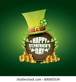 vector happy saint patrick's day label or poster with green hat, lucky clovers, golden coins and vintage wooden sign isolated on green background. vector saint patrick's day banner or greeting card