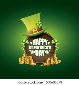 vector happy saint patrick's day label or poster with green hat, lucky clovers, golden coins and vintage wooden sign isolated on green background. vector saint patrick's day banner or greeting card