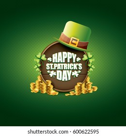 vector happy saint patrick's day label or poster with green hat, lucky clovers, golden coins and vintage wooden sign isolated on green background. vector saint patrick's day banner or greeting card