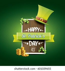 vector happy saint patrick's day label or poster with green hat, lucky clovers, golden coins and vintage wooden sign isolated on green background. vector saint patrick's day banner or greeting card
