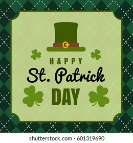 Vector  Happy Saint Patrick's Day greeting card with leprechaun hat and shamrock in a vintage style frame.