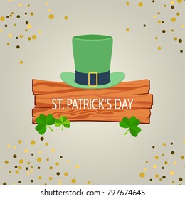 vector happy saint patrick's day label or poster with green hat, lucky clovers and vintage ribbon isolated on background. vector saint patriks day banner or greeting card