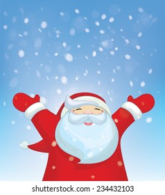 Vector happy Santa Claus and snowfall.