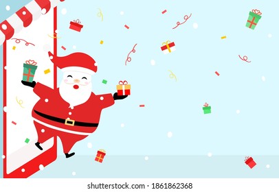 Vector - Happy Santa Claus walking out from smartmobile to give present to everybody. Shopping, special Promotion on new year season. Marketing, business, e-commerce concept. Copy space.