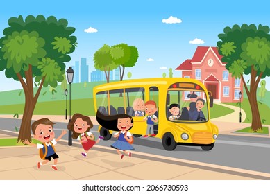 Vector happy school kids near cartoon yellow school bus with driver and pupils came back from school. Young girls and boys with backpacks and transport vehicle. Back to school retro bus.