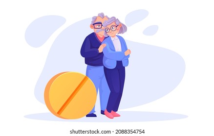 Vector of a happy senior couple man and a woman standing near an yellow pill