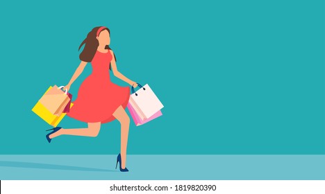 Vector of a happy shopper woman carrying shopping bags and running