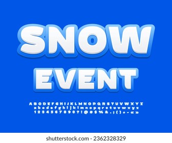 Signo feliz de vectores Evento de Nieve. Fuente de corte blanca y azul. Conjunto de letras y números de alfabeto artístico