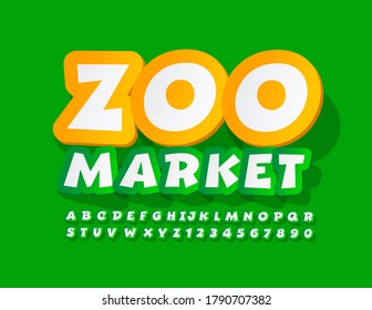 Vector happy sign Zoo Market. Green and White cartoon Font. Decorative sticker Alphabet Letters and Numbers